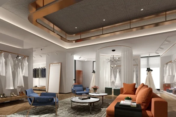 Retail Design mit modernem Brautmodengeschäft, eleganter Lounge, Kleiderpräsentation und hochwertiger Innenarchitektur.